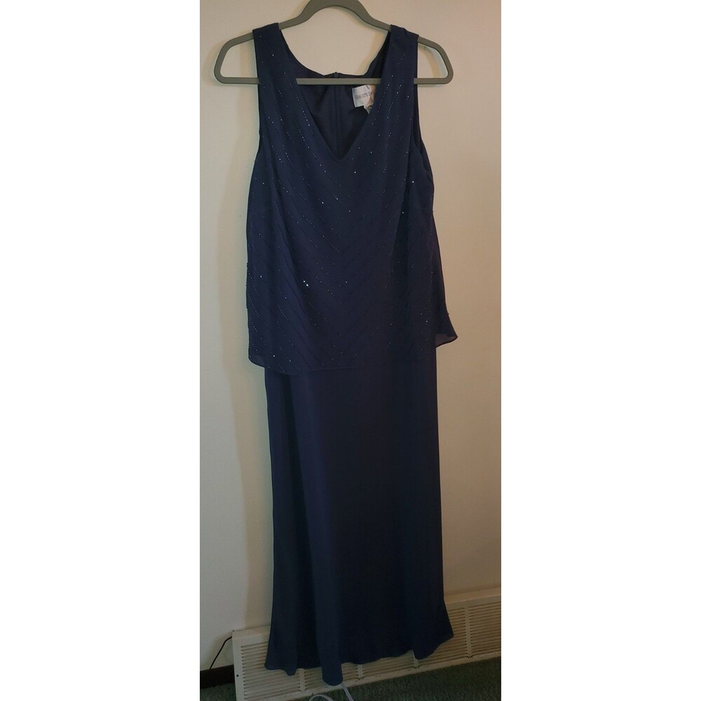 David's Bridal Mock Two-Piece Navy Blue Beaded Overlay Evening Gown, Size 18W